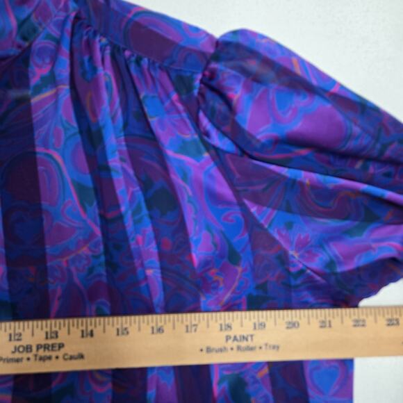 VTG Stuart Lang Blouse Sz 14 Purple Geo Print High Neck Long Sleeve Secretary - Picture 13 of 16
